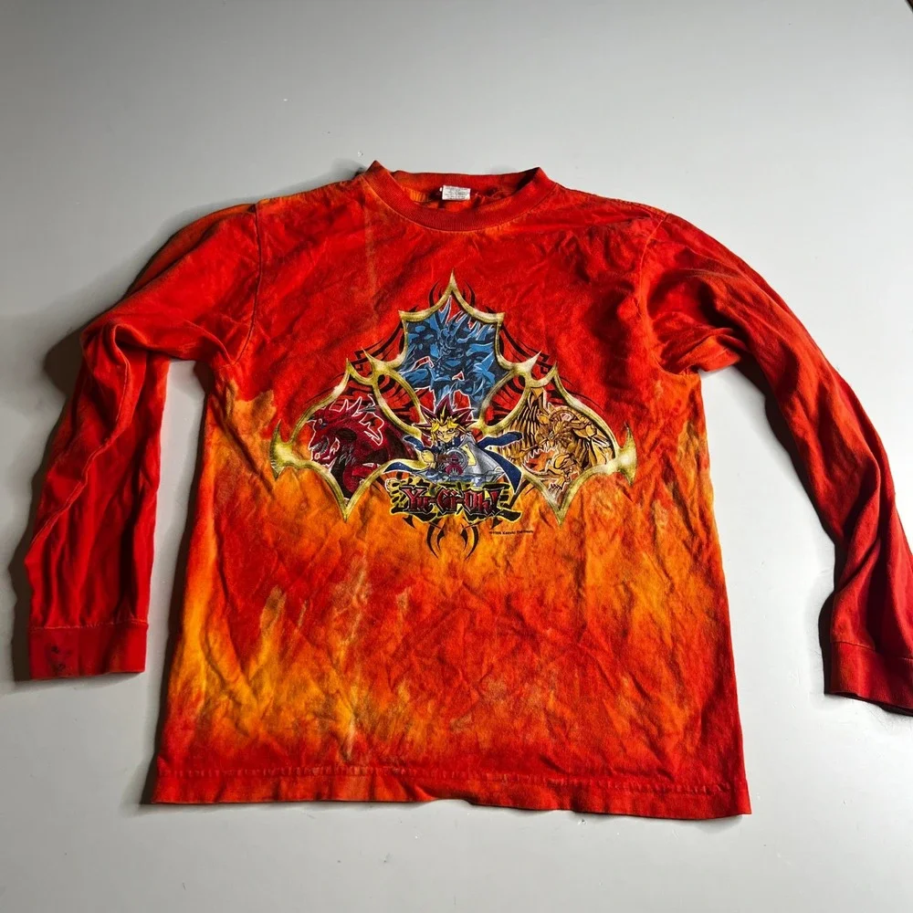 Vintage Yu-Gi-Oh! Kids Red Tie Dye Long Sleeve Shirt Egyptian God Cards Size S